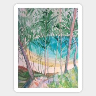 An abstract watercolour and pencil depiction of a green lake. Sticker